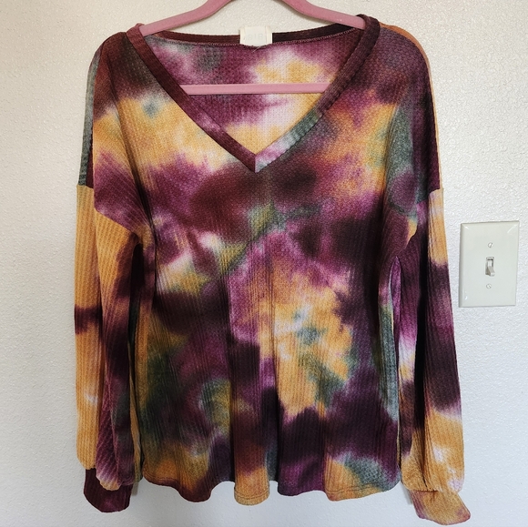 Bibi Mardi Gras Mustard Gold Wine Green Waffle Knit Tie-Dye V-Neck Long Sleeve - Picture 1 of 2